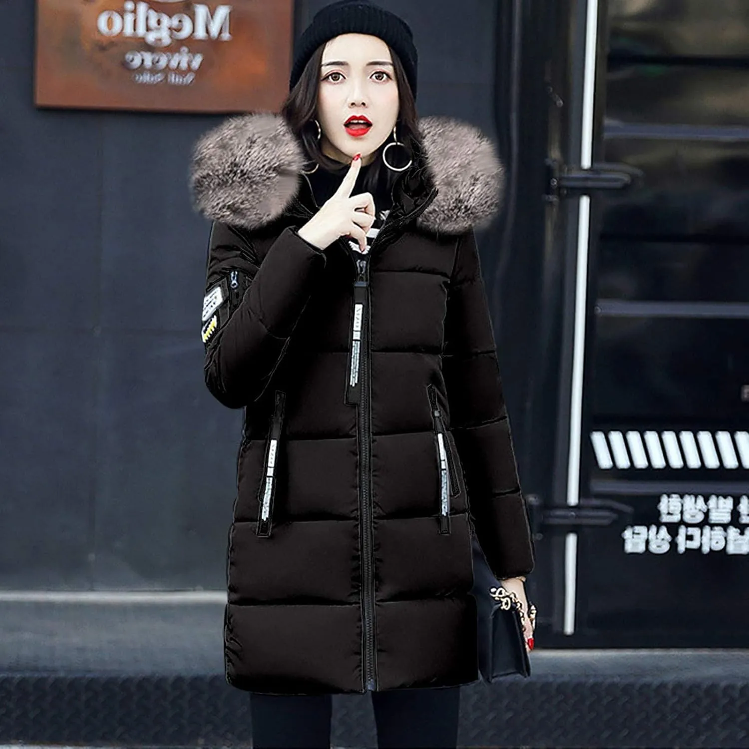 Womens Winter Thick Puffer Jacket Furry Collar Hoodie Outerwear Zipper Pocket Long Coats Warm Cotton Down Jackets