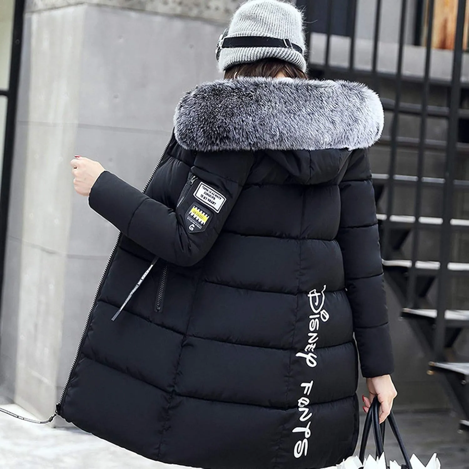 Womens Winter Thick Puffer Jacket Furry Collar Hoodie Outerwear Zipper Pocket Long Coats Warm Cotton Down Jackets