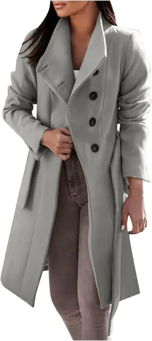 Womens Winter Woolen Cloth Coats Trendy Trench Coat Button Wrap Jacket Long Overcoat Plain Lapel Outwear