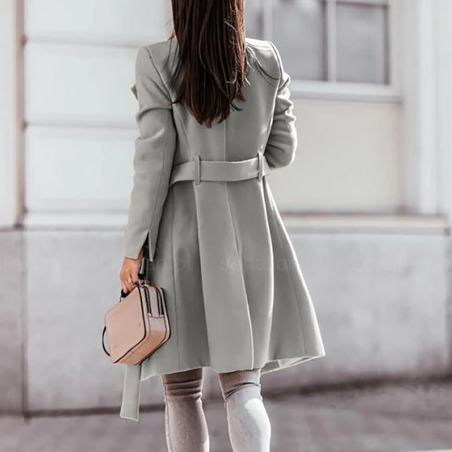 Womens Winter Woolen Cloth Coats Trendy Trench Coat Button Wrap Jacket Long Overcoat Plain Lapel Outwear