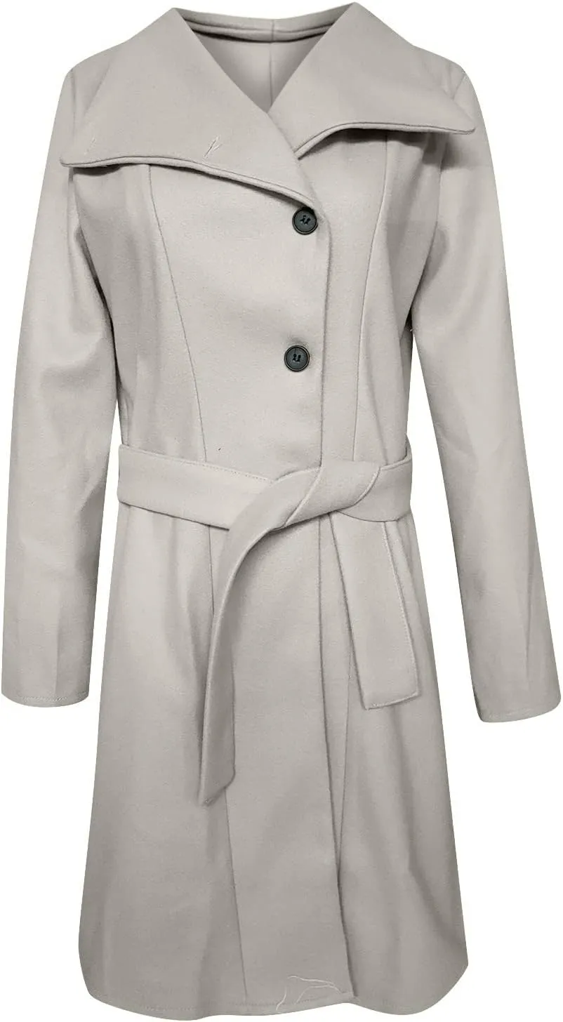 Womens Winter Woolen Cloth Coats Trendy Trench Coat Button Wrap Jacket Long Overcoat Plain Lapel Outwear