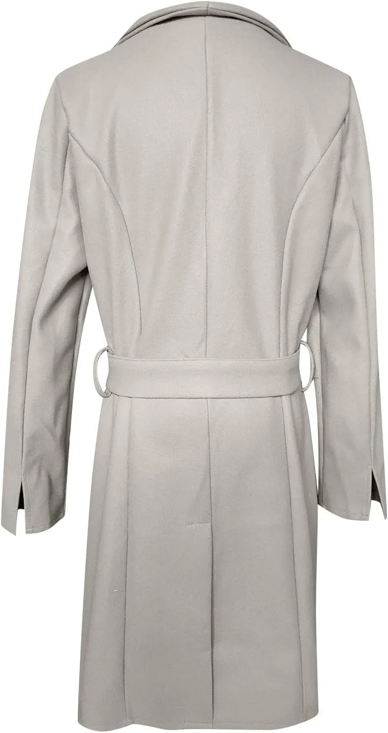 Womens Winter Woolen Cloth Coats Trendy Trench Coat Button Wrap Jacket Long Overcoat Plain Lapel Outwear