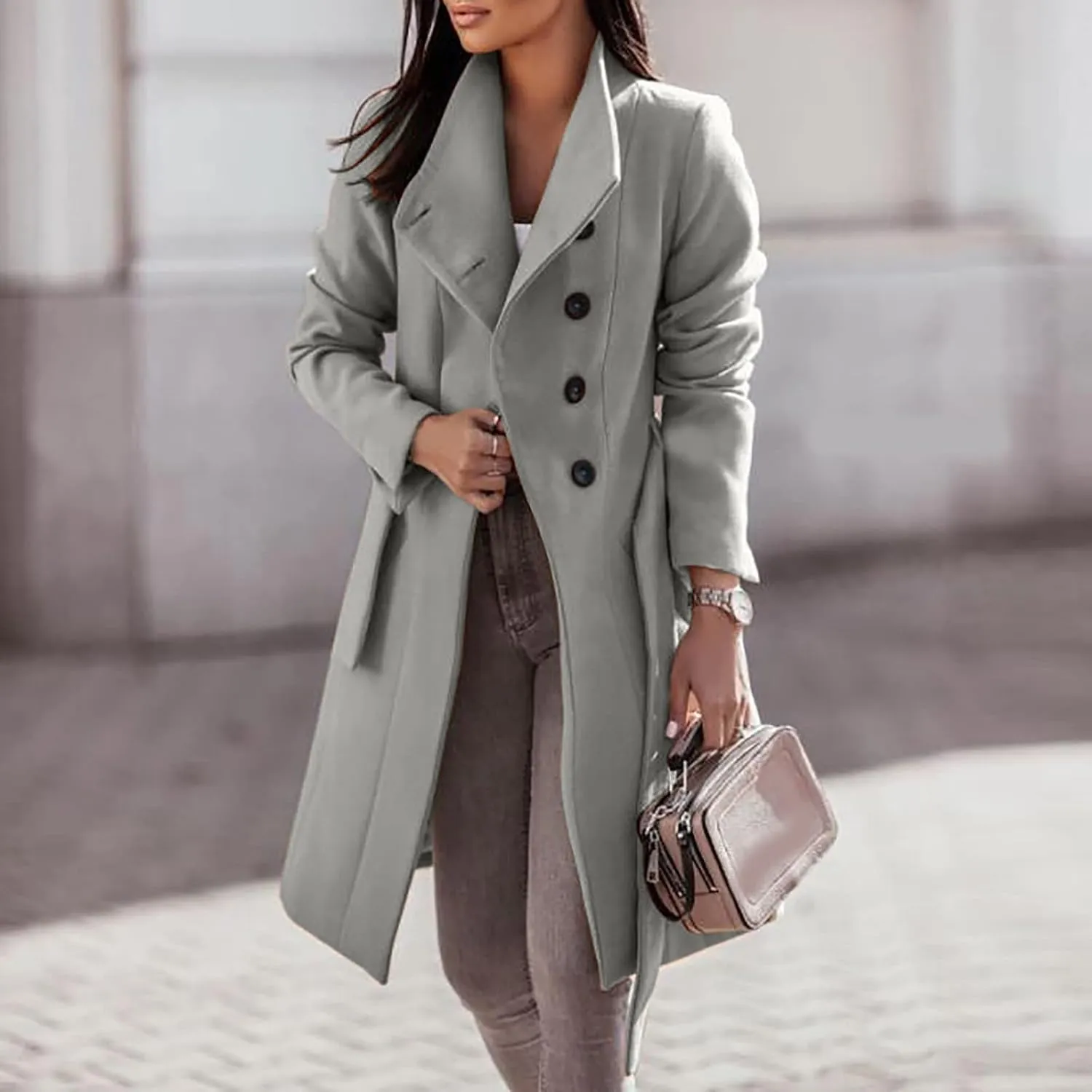 Womens Winter Woolen Cloth Coats Trendy Trench Coat Button Wrap Jacket Long Overcoat Plain Lapel Outwear