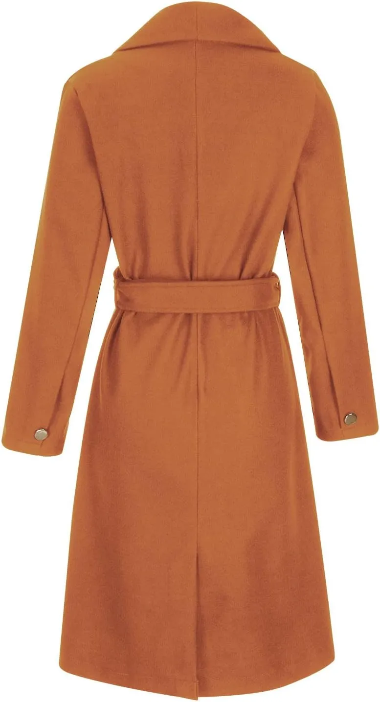 Women's Wool Blend Jackets Mid Long Warm Trench Winter Pea Coats Dressy Elegant Lapel Long Trench Overcoat w/Belt