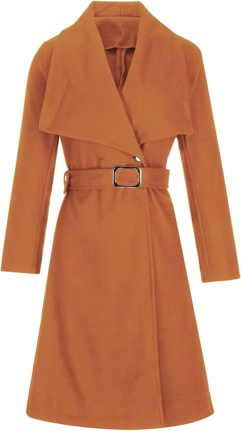 Women's Wool Blend Jackets Mid Long Warm Trench Winter Pea Coats Dressy Elegant Lapel Long Trench Overcoat w/Belt