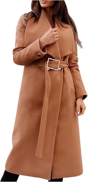 Women's Wool Blend Jackets Mid Long Warm Trench Winter Pea Coats Dressy Elegant Lapel Long Trench Overcoat w/Belt