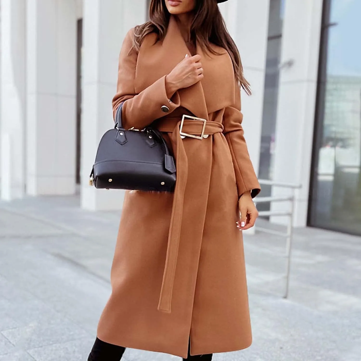 Women's Wool Blend Jackets Mid Long Warm Trench Winter Pea Coats Dressy Elegant Lapel Long Trench Overcoat w/Belt