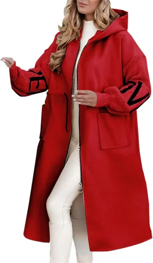 Womens Wool Blend Pea Coat Fashion Winter Dressy Overcoat Zipped Trench Jackets with Hood