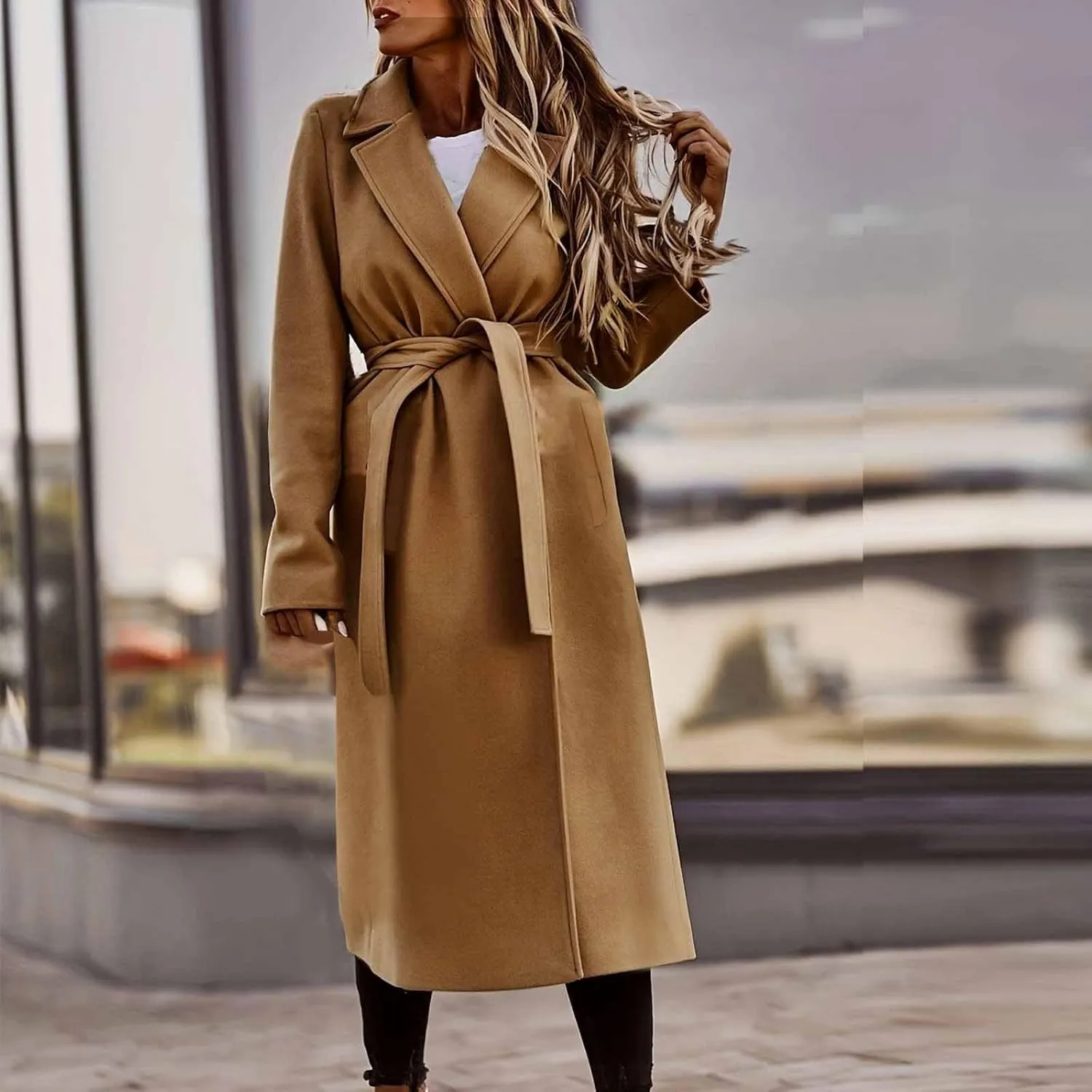 Womens Wool Blend Trench Coats Business Casual Tie Waist Jackets Long Sleeve Notched Lapel Collar Work Pea Coats