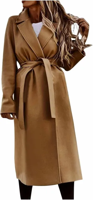 Womens Wool Blend Trench Coats Business Casual Tie Waist Jackets Long Sleeve Notched Lapel Collar Work Pea Coats