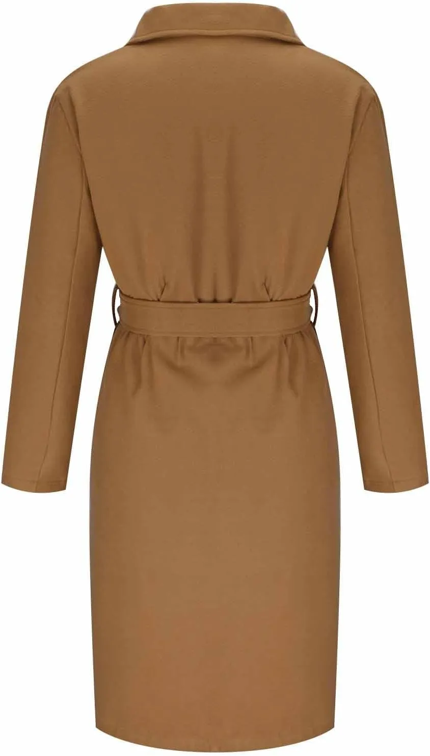 Womens Wool Blend Trench Coats Business Casual Tie Waist Jackets Long Sleeve Notched Lapel Collar Work Pea Coats