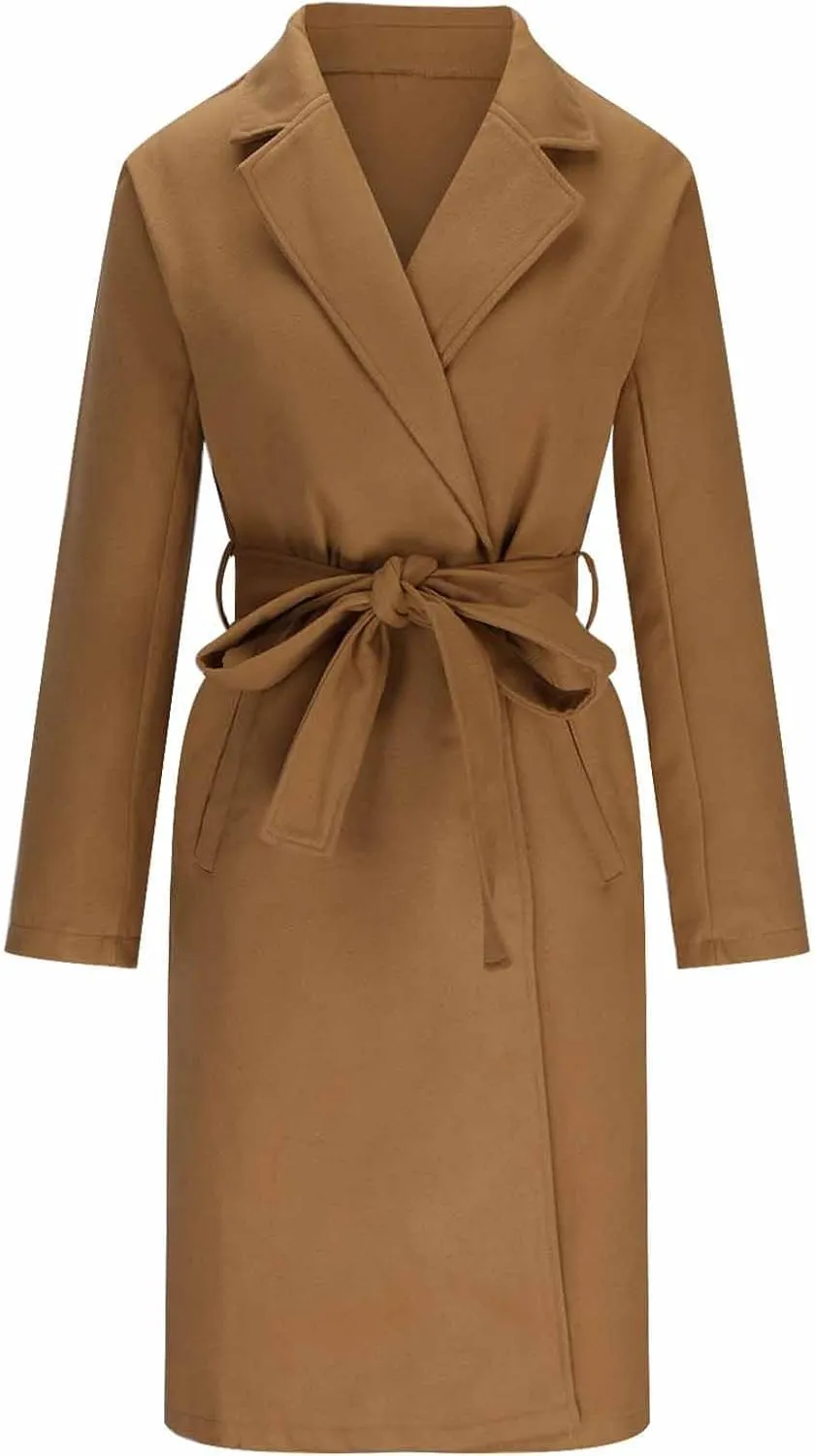 Womens Wool Blend Trench Coats Business Casual Tie Waist Jackets Long Sleeve Notched Lapel Collar Work Pea Coats