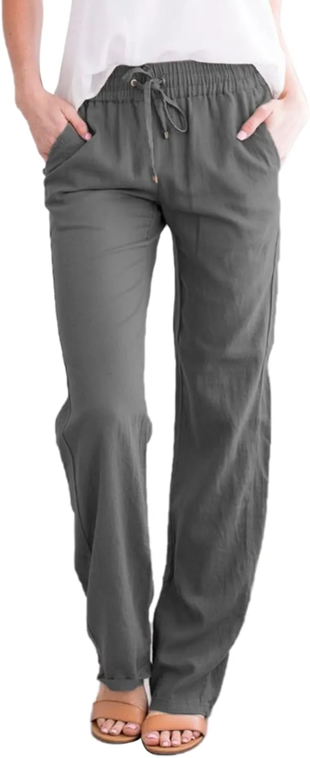 Womens Y2k Summer Casual Linen Trousers Elastic Waist Pants Wide-Leg Straight Leg Loose Comfy Sweatpants