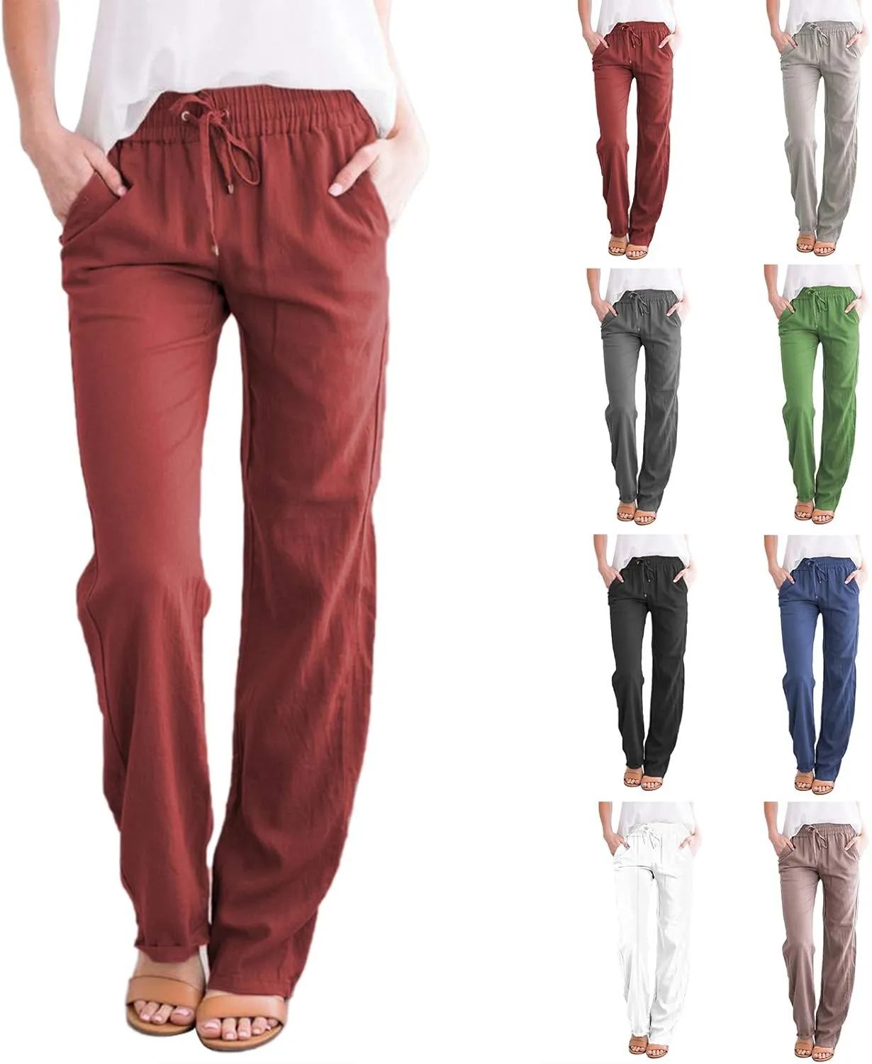 Womens Y2k Summer Casual Linen Trousers Elastic Waist Pants Wide-Leg Straight Leg Loose Comfy Sweatpants
