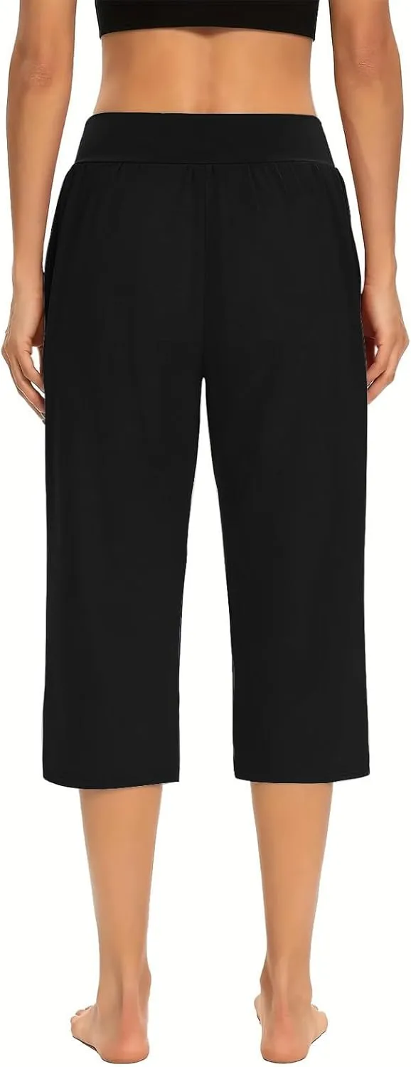 Womens Yoga Capri Pants Elastic Waisted Pants High Waisted Stretch Pants Casual Lounge Pants Summer Lightweight Pants