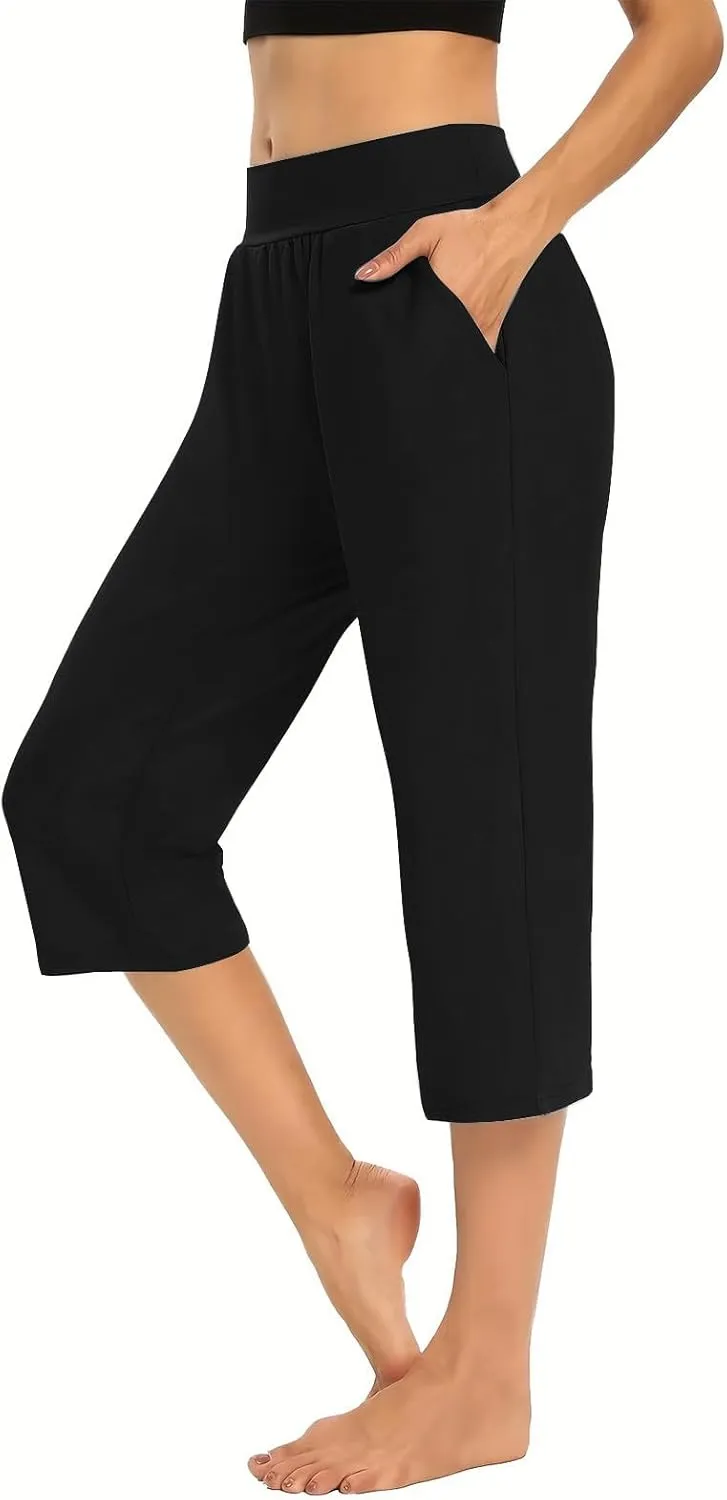 Womens Yoga Capri Pants Elastic Waisted Pants High Waisted Stretch Pants Casual Lounge Pants Summer Lightweight Pants