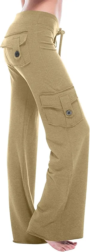 Women's Yoga Cargo Pants Drawstring High Waist Pants Baggy Wide Leg Pants Lightweight Hiking Pants Casual Lounge Pants