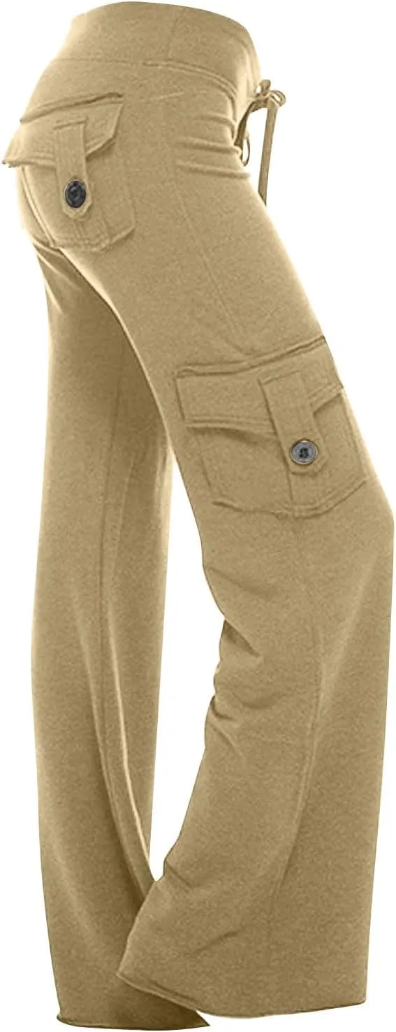 Women's Yoga Cargo Pants Drawstring High Waist Pants Baggy Wide Leg Pants Lightweight Hiking Pants Casual Lounge Pants
