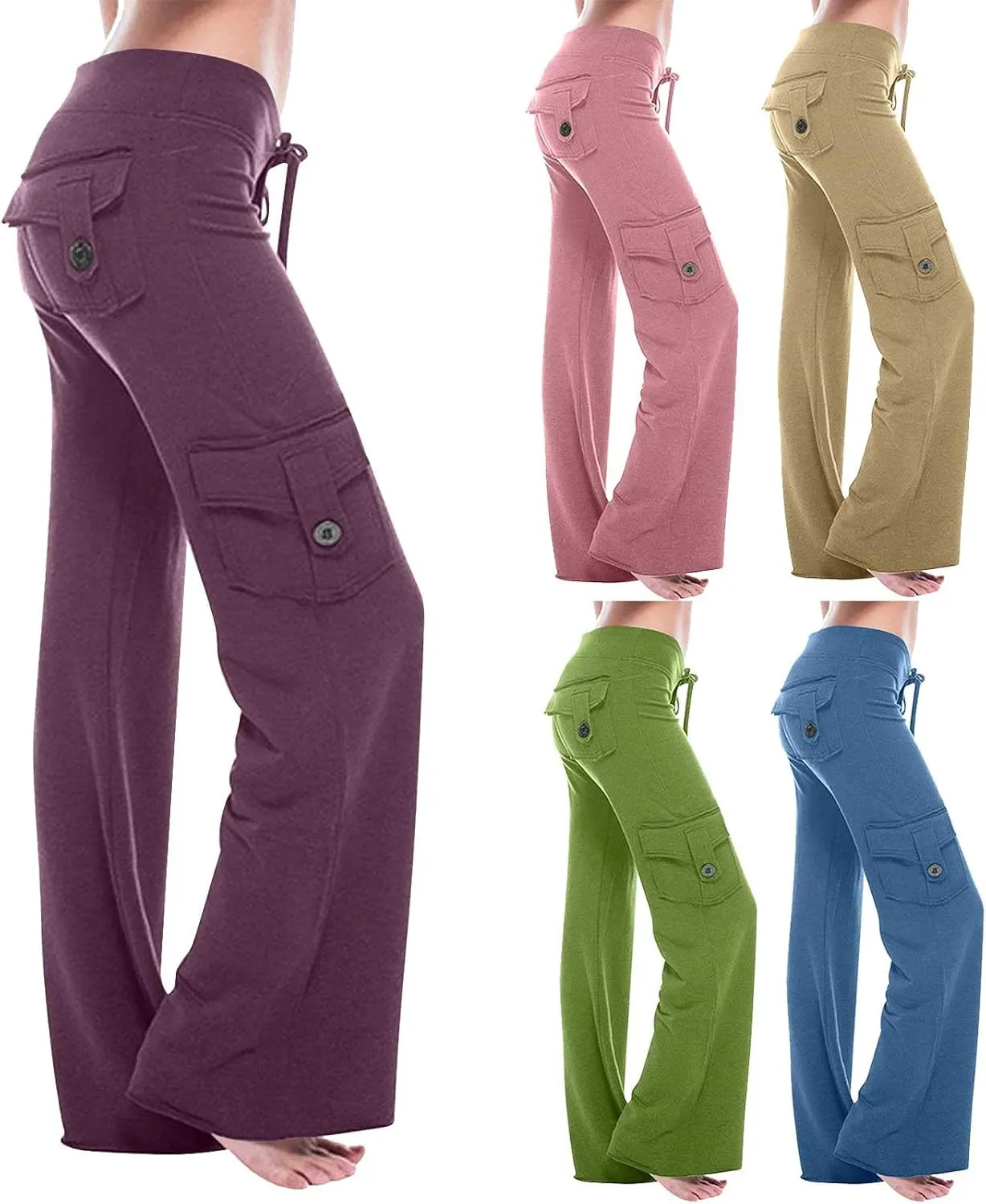 Women's Yoga Cargo Pants Drawstring High Waist Pants Baggy Wide Leg Pants Lightweight Hiking Pants Casual Lounge Pants