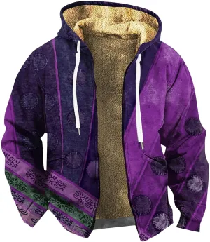 XIAXOGOOL Men's Hooded Jacket Retro Print Zip Up Heavyweight Sherpa Fleece Lined Oversized Sweatshirt Warm Thick Winter Coat