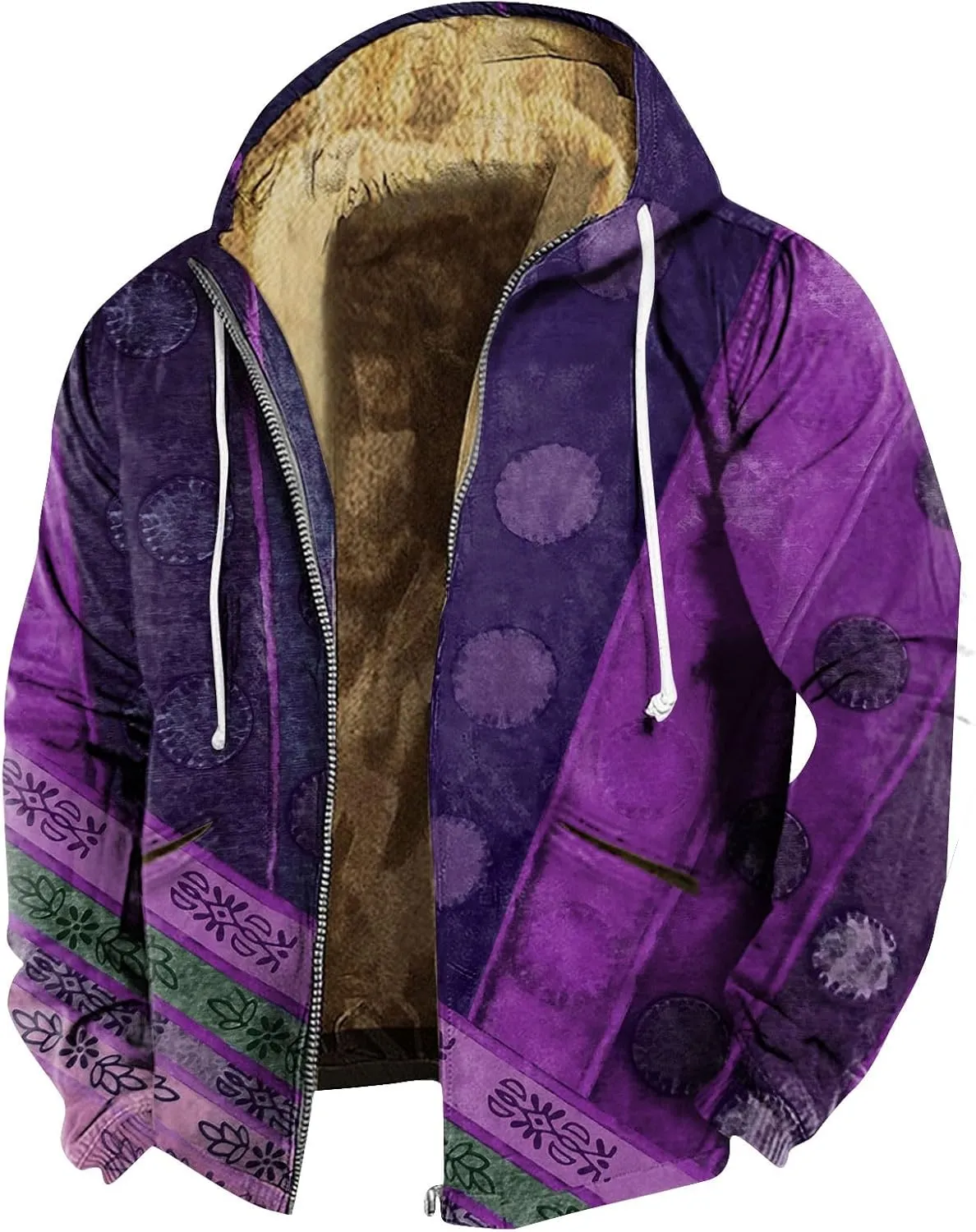XIAXOGOOL Men's Hooded Jacket Retro Print Zip Up Heavyweight Sherpa Fleece Lined Oversized Sweatshirt Warm Thick Winter Coat