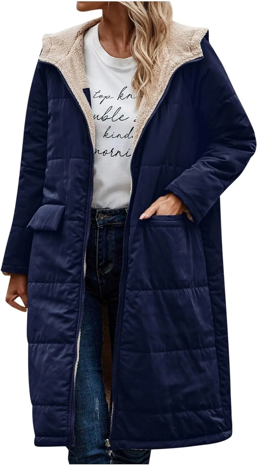 XUNRYAN Womens Winter Warm Down Coats Sherpa Fleece Puffer Jackets Quilted Lightweight Faux-Fur Coat Anorak Parka Outwear