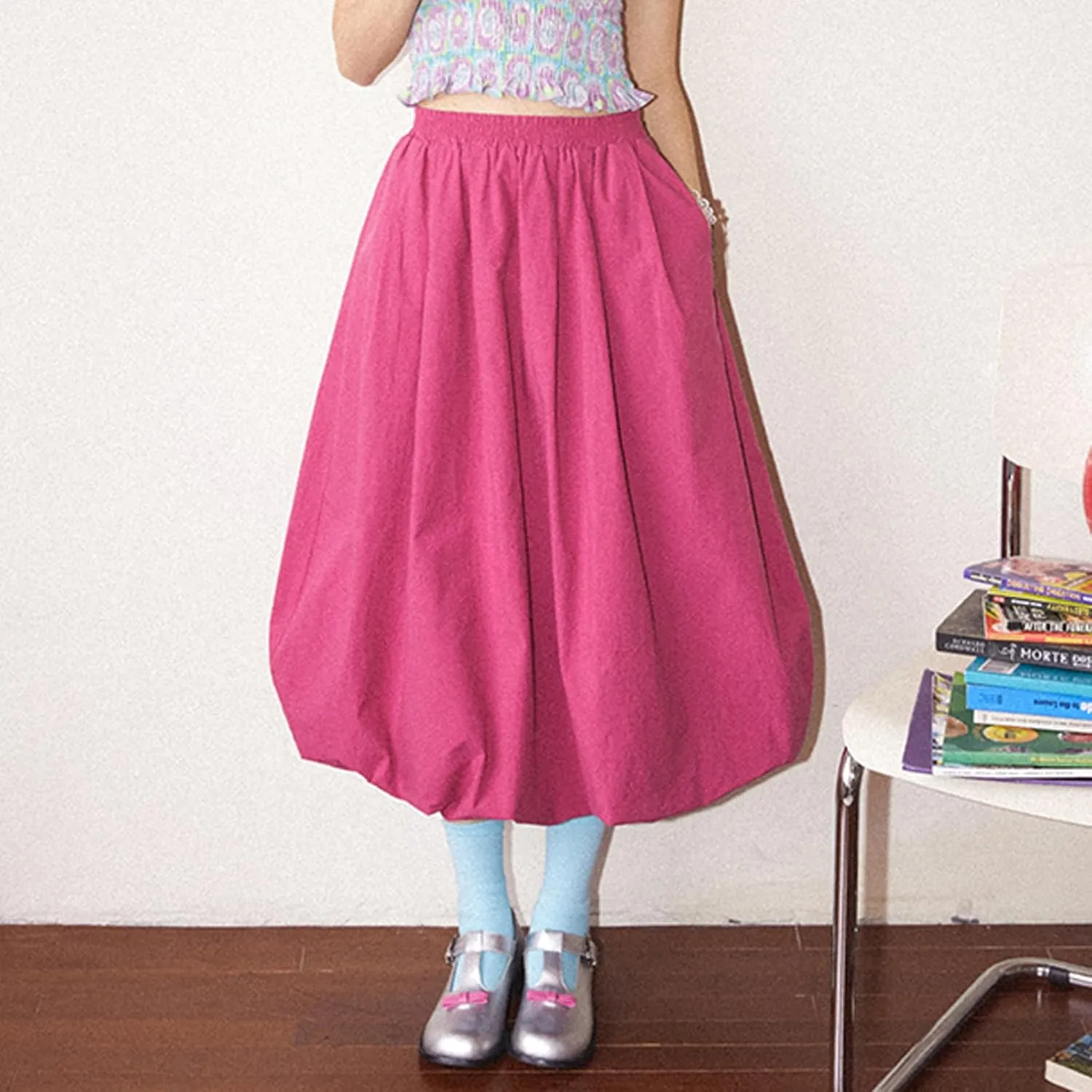 Y2k Bubble Midi Skirts for Women A Line Elastic Waistband Maxi Balloon Skirt Causal Party Long Pleated Dress