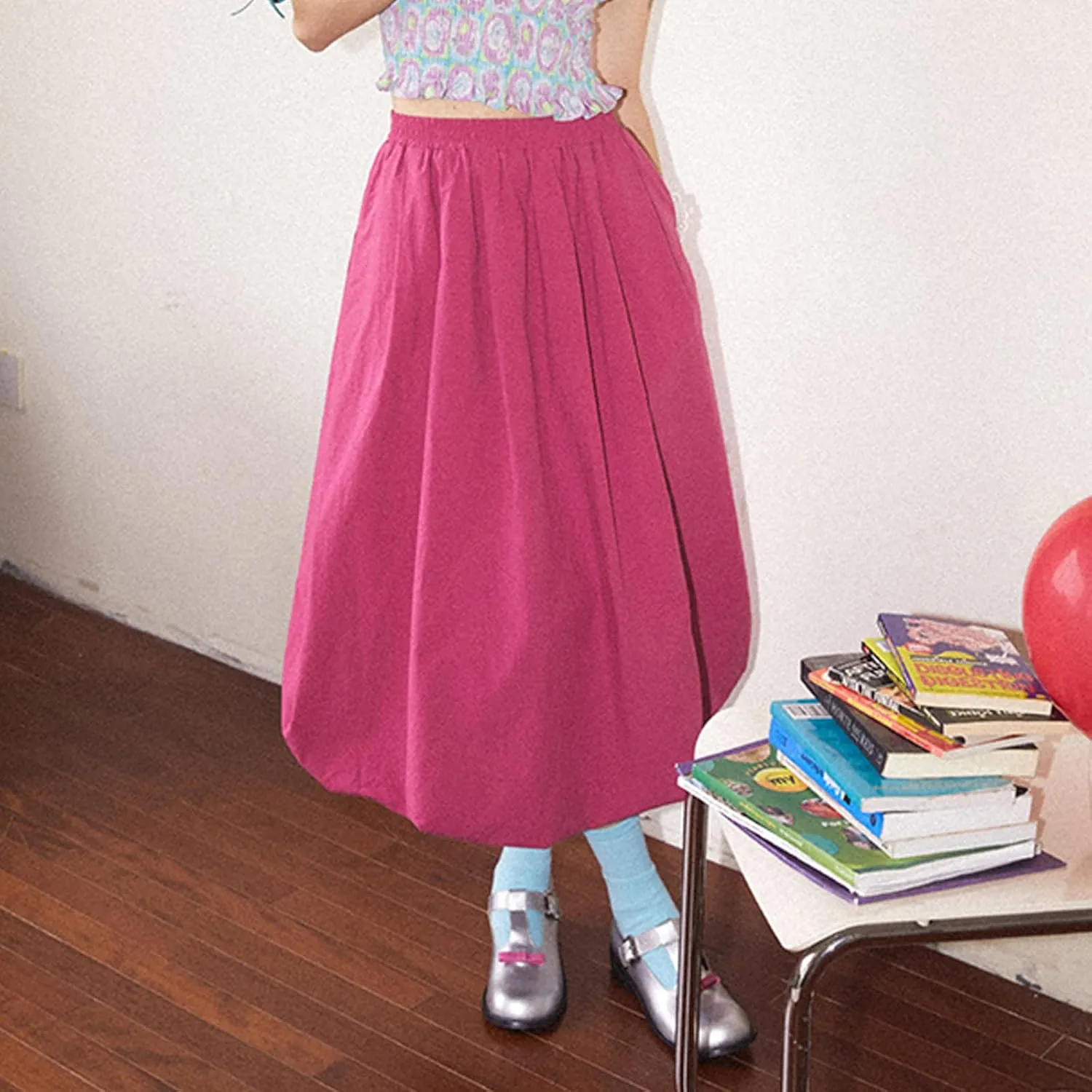 Y2k Bubble Midi Skirts for Women A Line Elastic Waistband Maxi Balloon Skirt Causal Party Long Pleated Dress