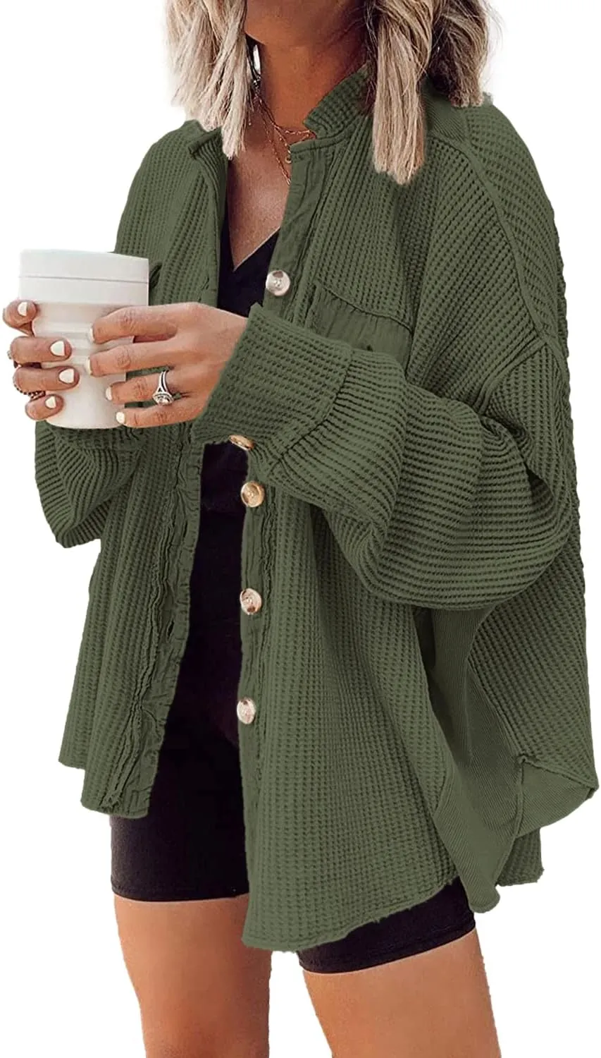 Yanekop Waffle Knit Button Down Shirt Womens Shacket Oversized Long Sleeve Shirt Jacket Trendy Outfits 2025