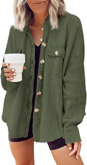 Yanekop Waffle Knit Button Down Shirt Womens Shacket Oversized Long Sleeve Shirt Jacket Trendy Outfits 2025