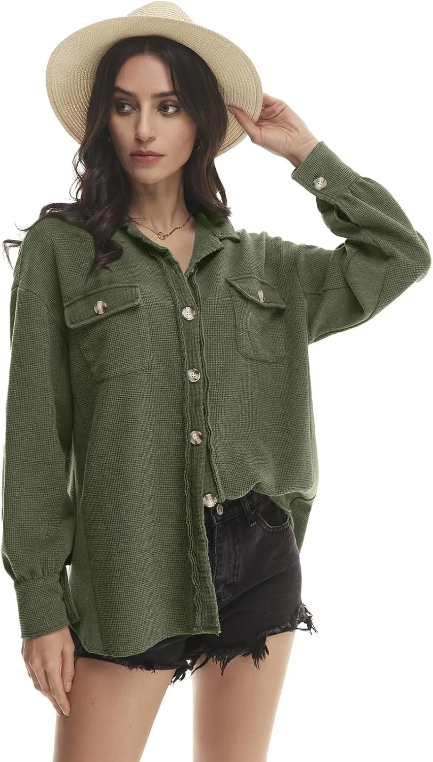 Yanekop Waffle Knit Button Down Shirt Womens Shacket Oversized Long Sleeve Shirt Jacket Trendy Outfits 2025