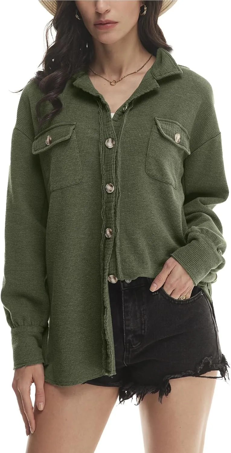 Yanekop Waffle Knit Button Down Shirt Womens Shacket Oversized Long Sleeve Shirt Jacket Trendy Outfits 2025