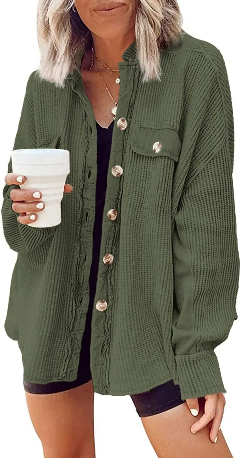 Yanekop Waffle Knit Button Down Shirt Womens Shacket Oversized Long Sleeve Shirt Jacket Trendy Outfits 2025