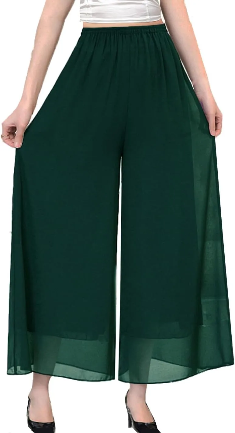 Yehopere Palazzo Pants for Women Dressy Flowy Chiffon Double Layers Summer Boho Wide Leg Casual Lounge Pants Trouser