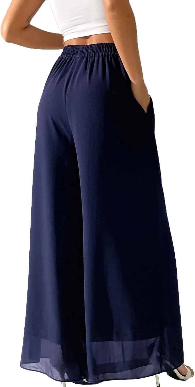 Yehopere Palazzo Pants for Women Dressy Flowy Chiffon Double Layers Summer Boho Wide Leg Casual Lounge Pants Trouser