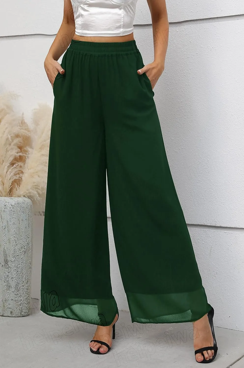 Yehopere Palazzo Pants for Women Dressy Flowy Chiffon Double Layers Summer Boho Wide Leg Casual Lounge Pants Trouser