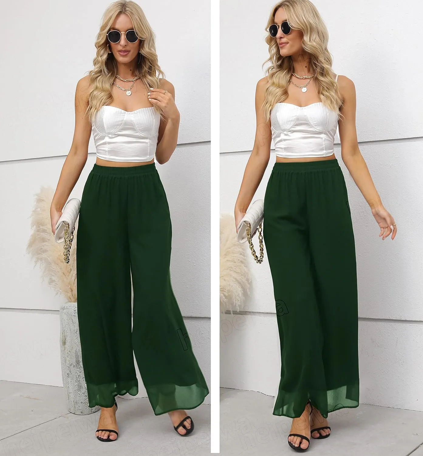 Yehopere Palazzo Pants for Women Dressy Flowy Chiffon Double Layers Summer Boho Wide Leg Casual Lounge Pants Trouser