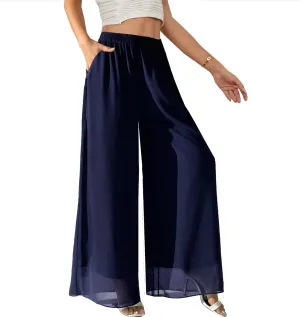 Yehopere Palazzo Pants for Women Dressy Flowy Chiffon Double Layers Summer Boho Wide Leg Casual Lounge Pants Trouser