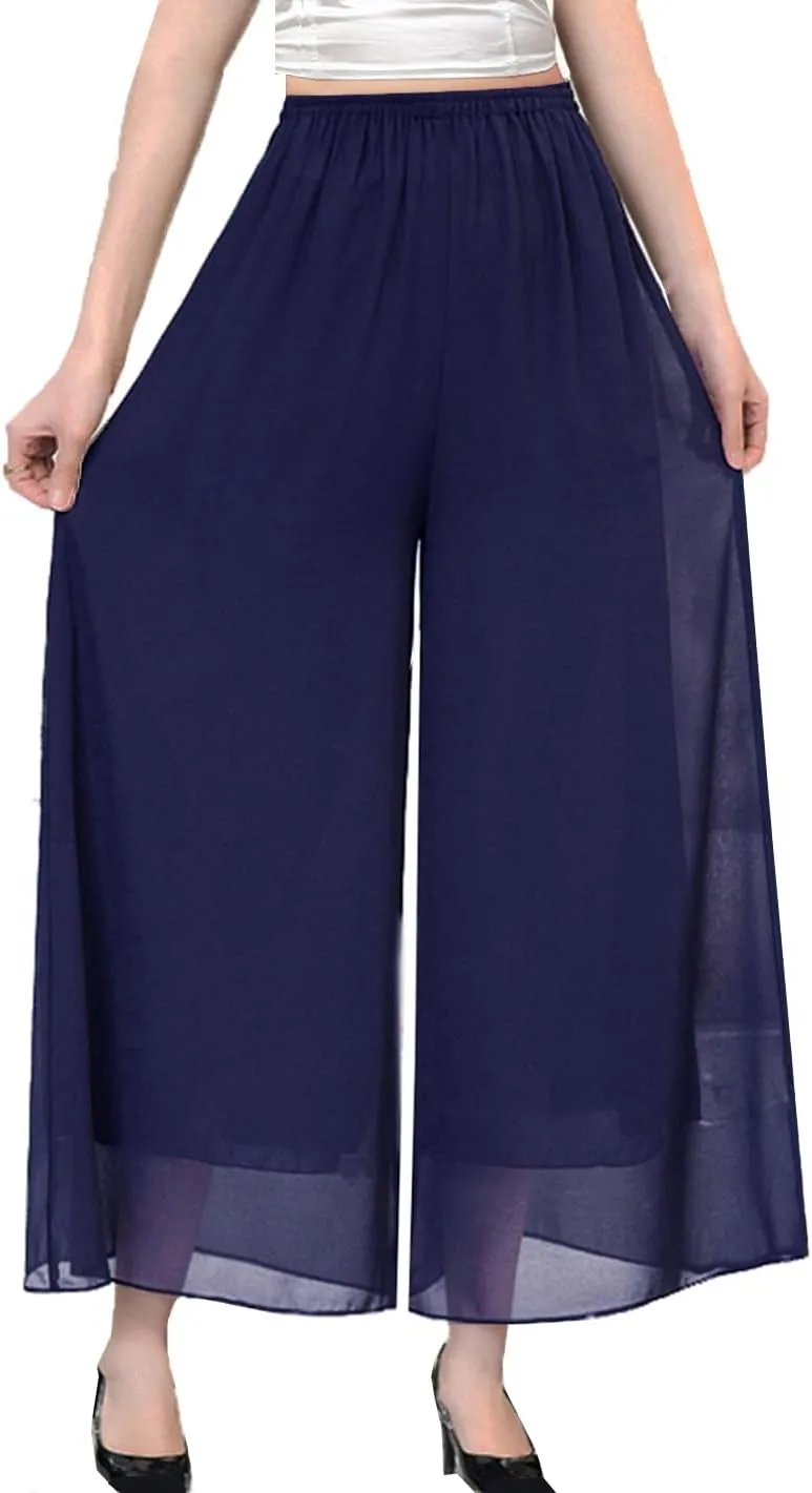 Yehopere Palazzo Pants for Women Dressy Flowy Chiffon Double Layers Summer Boho Wide Leg Casual Lounge Pants Trouser