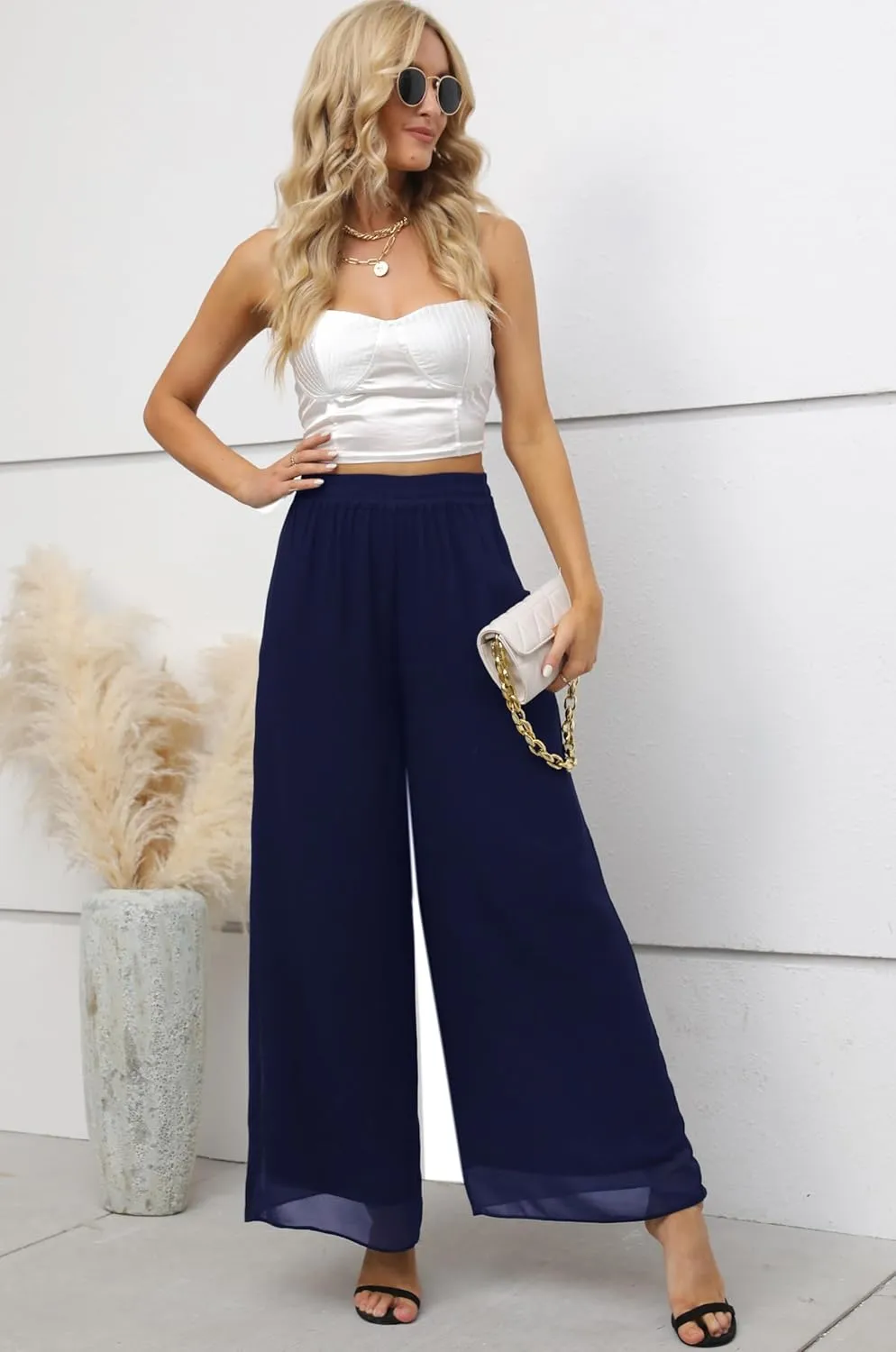 Yehopere Palazzo Pants for Women Dressy Flowy Chiffon Double Layers Summer Boho Wide Leg Casual Lounge Pants Trouser