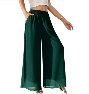 Yehopere Palazzo Pants for Women Dressy Flowy Chiffon Double Layers Summer Boho Wide Leg Casual Lounge Pants Trouser