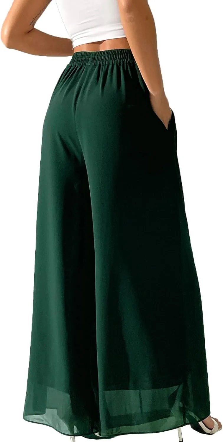 Yehopere Palazzo Pants for Women Dressy Flowy Chiffon Double Layers Summer Boho Wide Leg Casual Lounge Pants Trouser