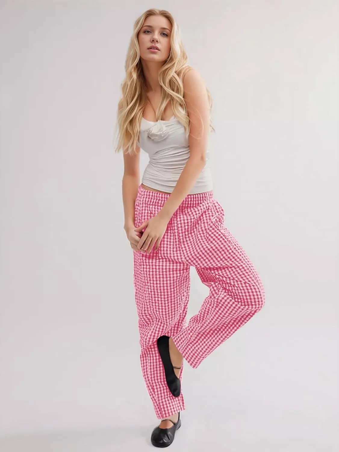 YKR Plaid Pants for Women Gingham Lounge Wide Leg Low Waist Pajama Pants Elastic Waist Trousers with Pocket