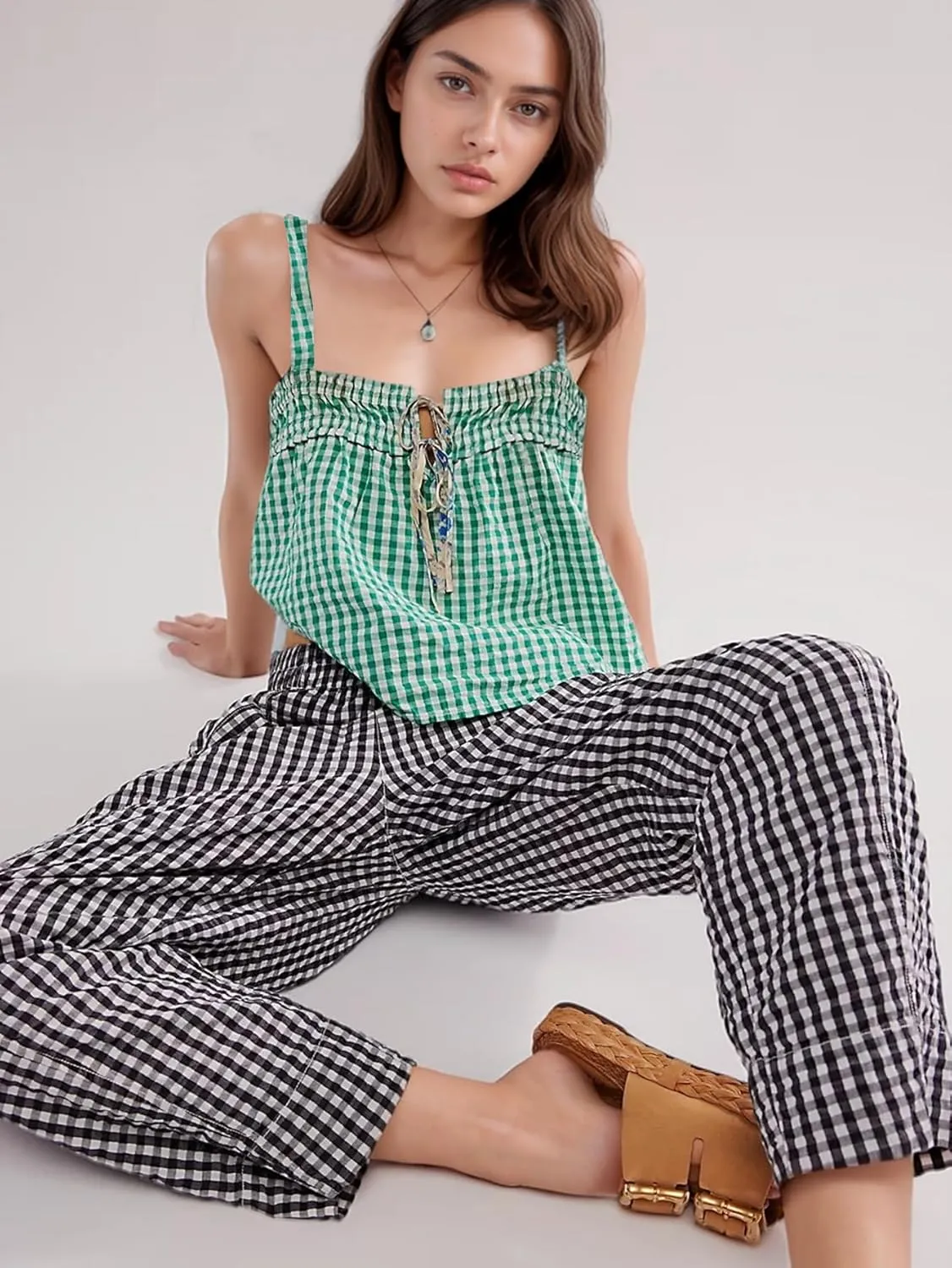 YKR Plaid Pants for Women Gingham Lounge Wide Leg Low Waist Pajama Pants Elastic Waist Trousers with Pocket