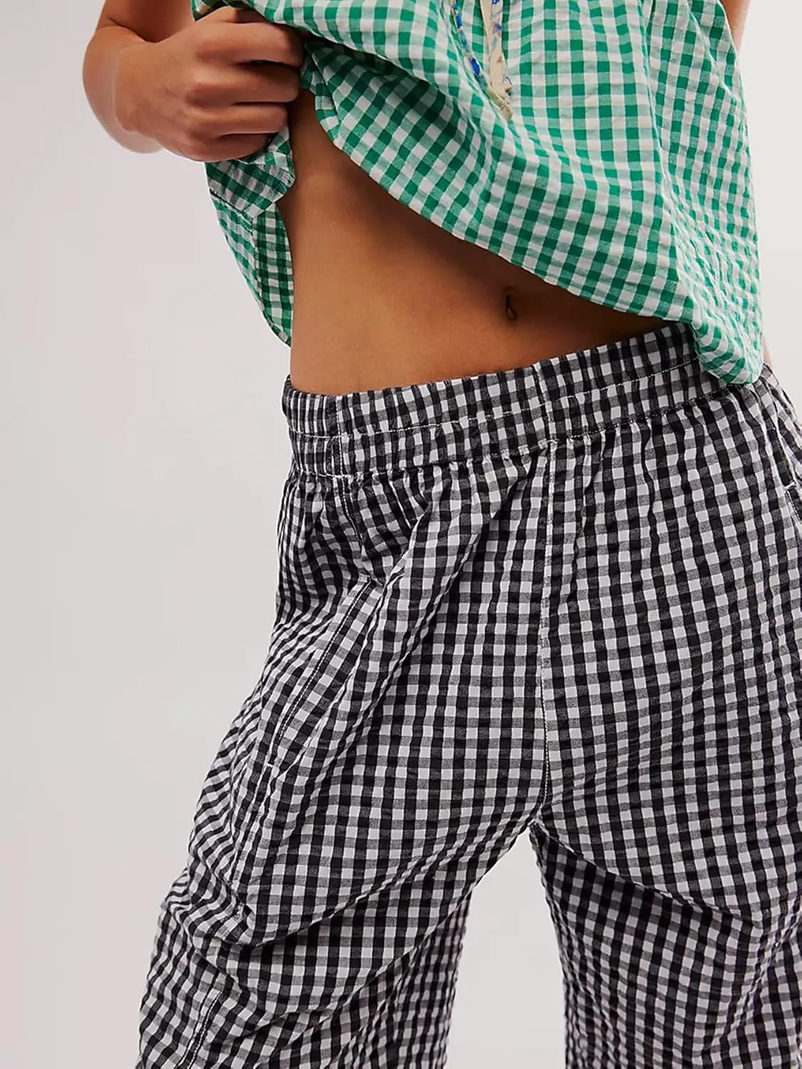 YKR Plaid Pants for Women Gingham Lounge Wide Leg Low Waist Pajama Pants Elastic Waist Trousers with Pocket