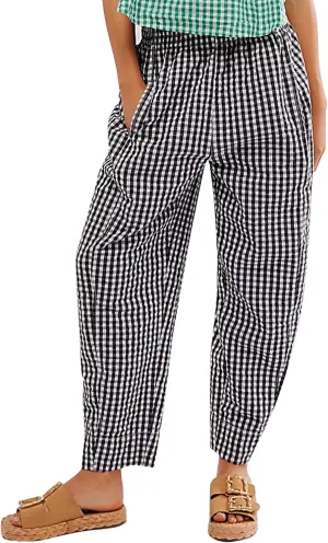 YKR Plaid Pants for Women Gingham Lounge Wide Leg Low Waist Pajama Pants Elastic Waist Trousers with Pocket