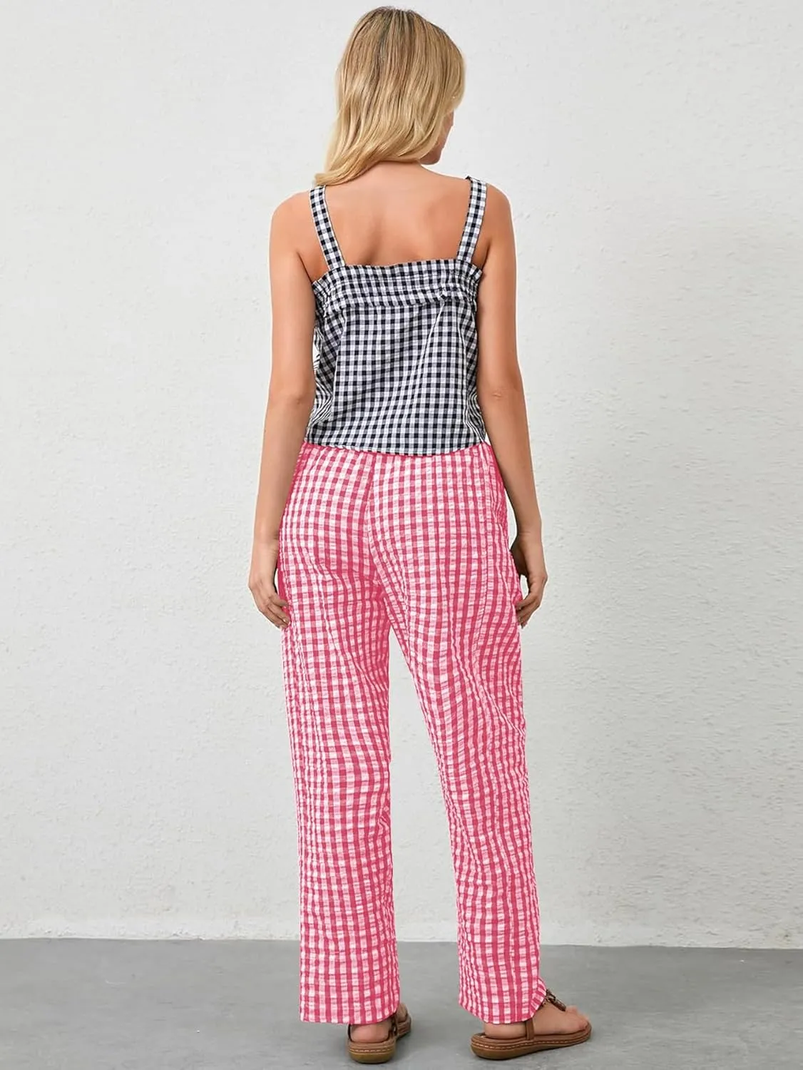 YKR Plaid Pants for Women Gingham Lounge Wide Leg Low Waist Pajama Pants Elastic Waist Trousers with Pocket