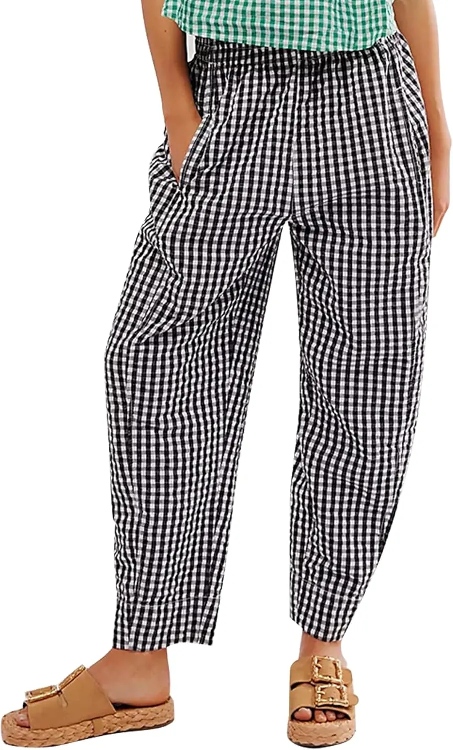 YKR Plaid Pants for Women Gingham Lounge Wide Leg Low Waist Pajama Pants Elastic Waist Trousers with Pocket