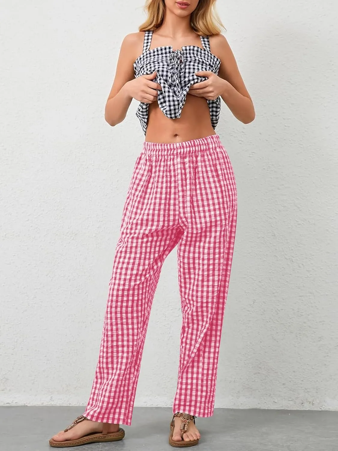 YKR Plaid Pants for Women Gingham Lounge Wide Leg Low Waist Pajama Pants Elastic Waist Trousers with Pocket