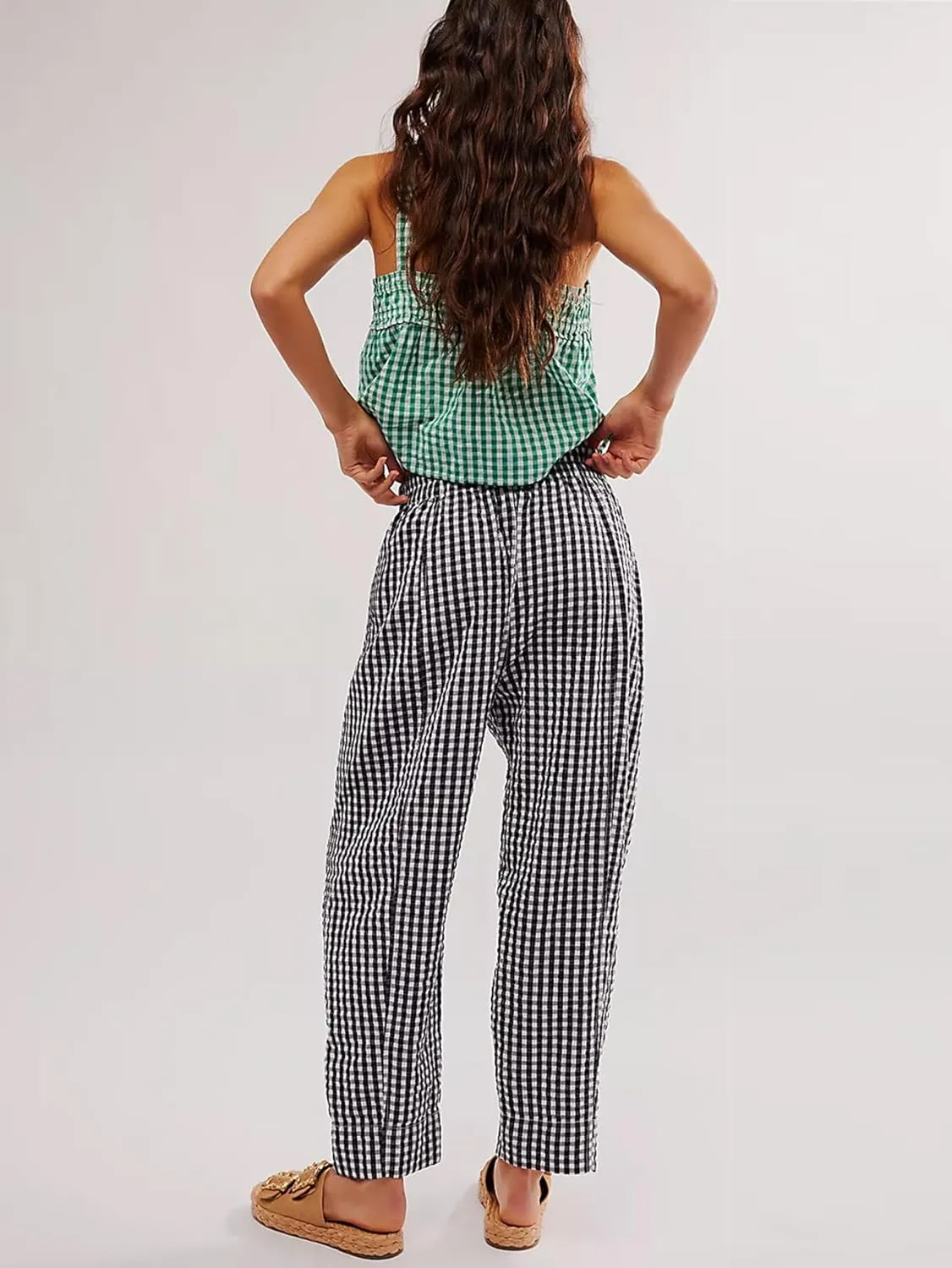 YKR Plaid Pants for Women Gingham Lounge Wide Leg Low Waist Pajama Pants Elastic Waist Trousers with Pocket